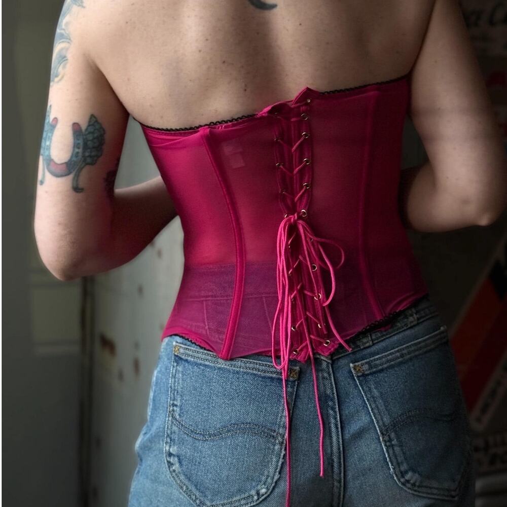 Vintage Y2K Leopard Corset Top | Pink Lace-Up Bustier | Zip Front Top | Size L - Picture 2 of 7